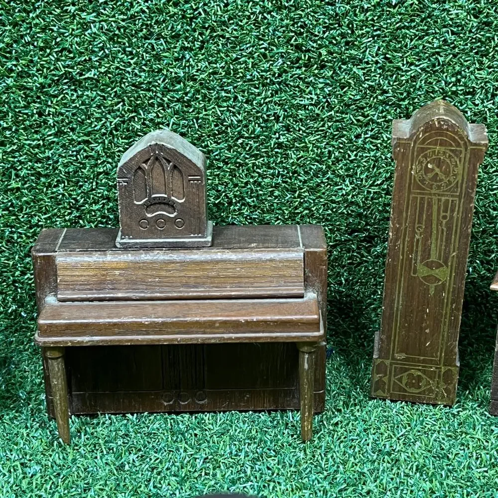 Vintage Wooden Dollhouse Miniature Clock Piano Drawers Dining Set